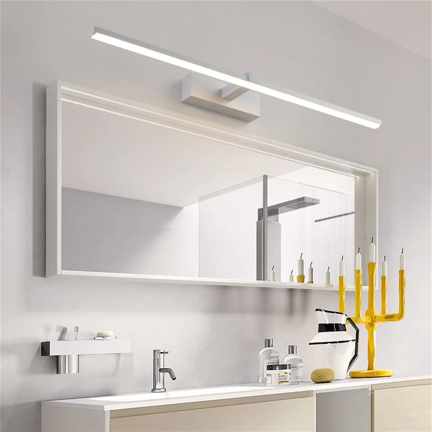 Black 40x8cm LED bathroom wall makeup lamp with warm light above a mirror