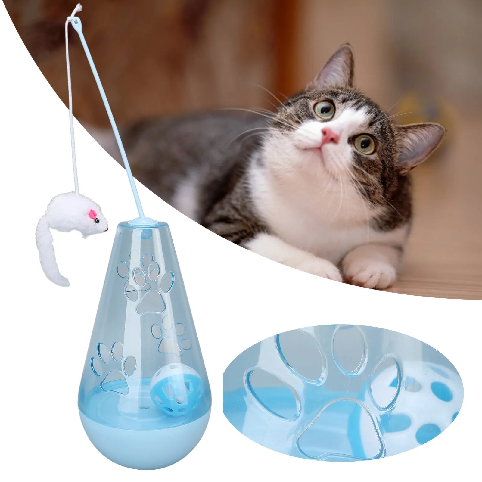 Blue cat toy with bell ball and treat dispenser, plush mouse stick, 30cm tall, on floor