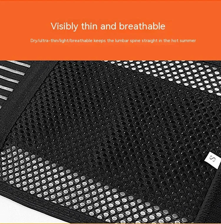 Black sports waist support belt with a visible steel plate insert for lumbar decompression during fitness activities.