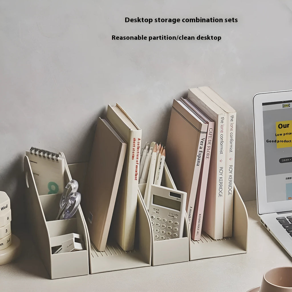 Desktop storage box and bookshelf combination with two grid layers in plastic