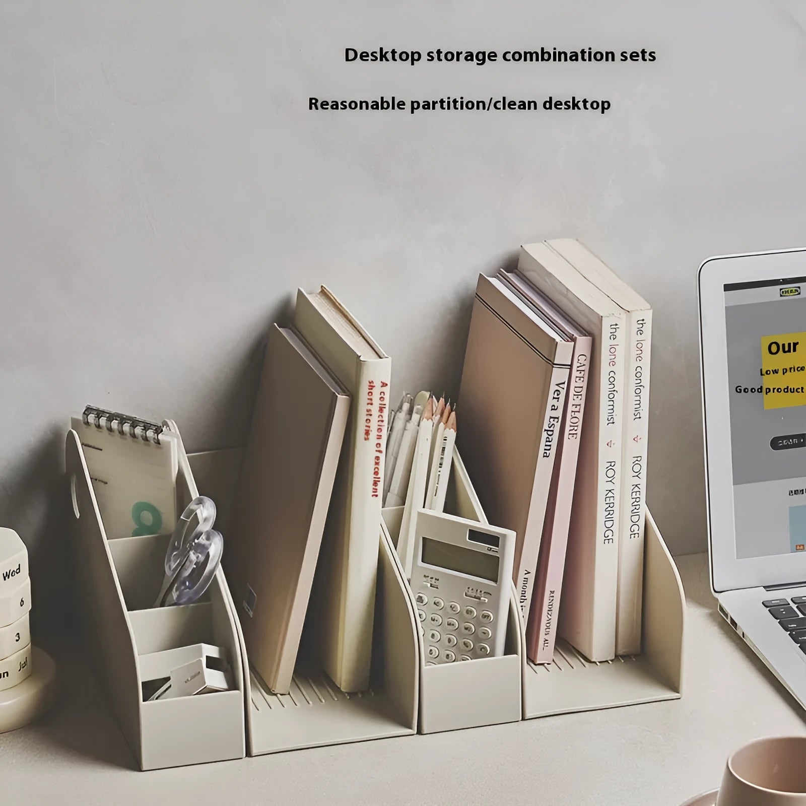 Desktop storage box and bookshelf combination with two grid layers in plastic