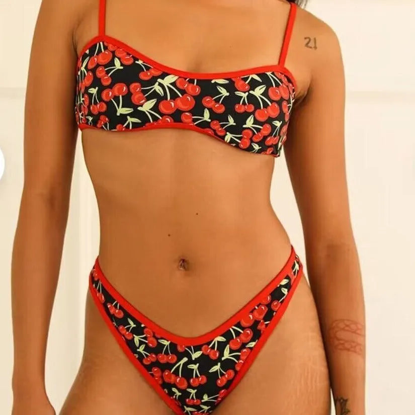 Cherry print tube top bikini swimsuit for women in polyester with floral pattern, front view