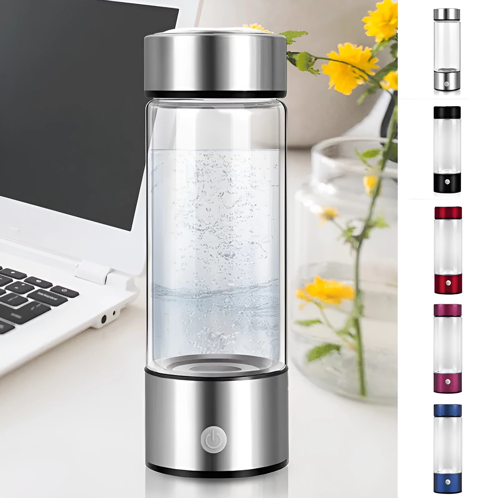 Hydrogen water bottle with electric generator, borosilicate glass, 500ml capacity, silver colour