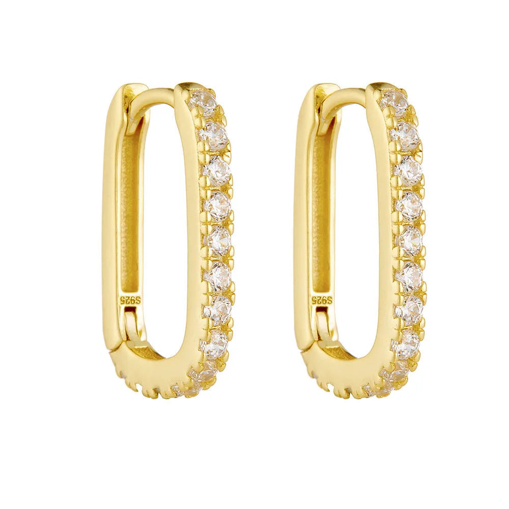 S925 sterling silver oval geometric earrings with zircon stones in ear clip design