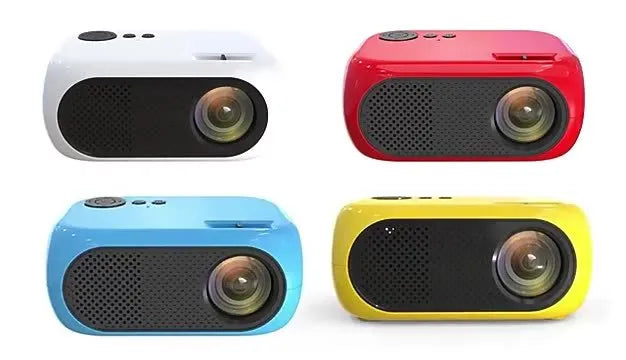 M24 micro mini portable LED projector in gold or white colour on a dark surface