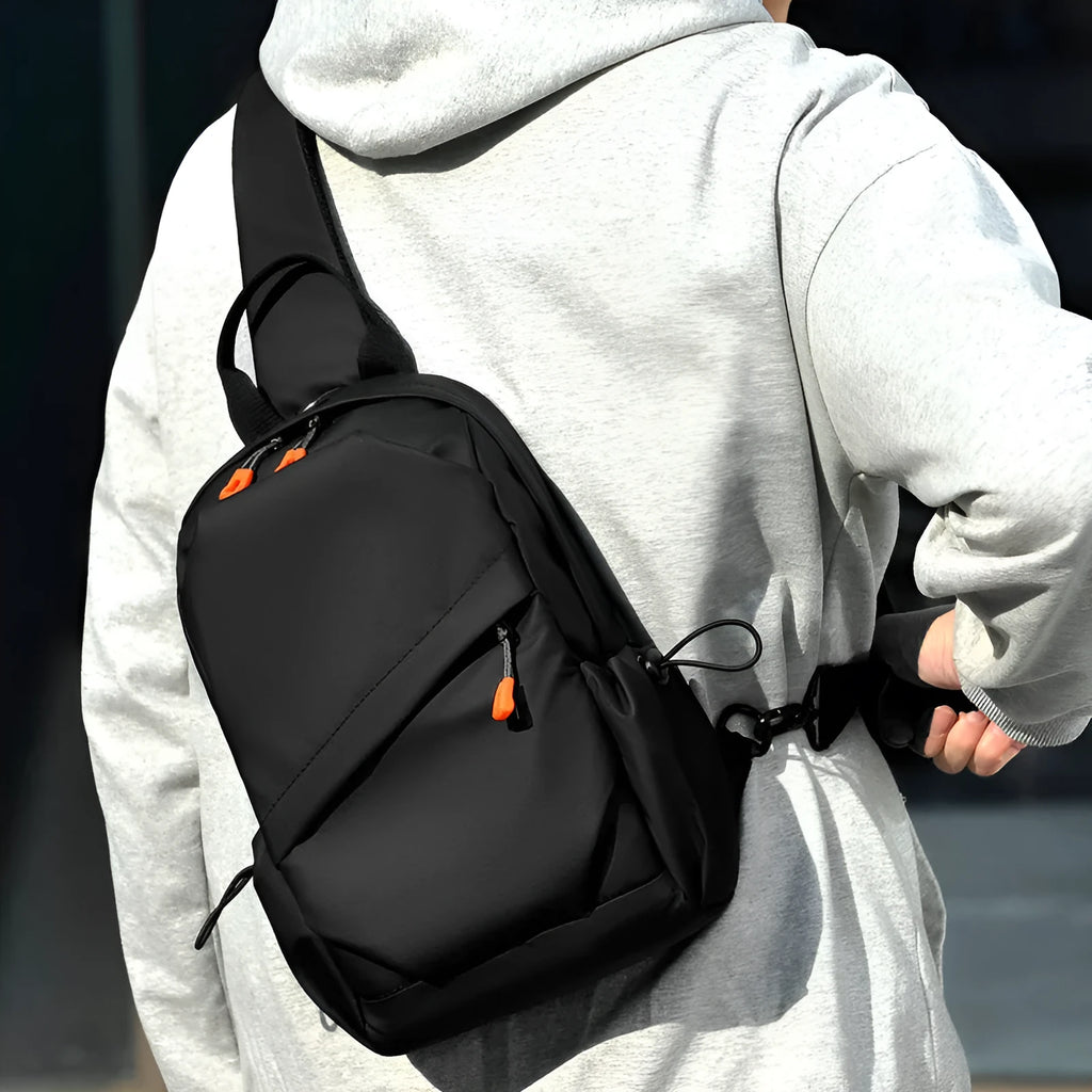 Men's black waterproof polyester crossbody bag with adjustable shoulder strap