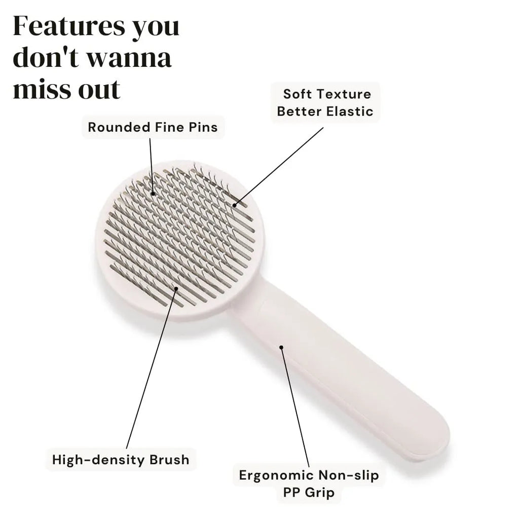 Self-cleaning slicker brush for dog and cat grooming with blue handle and stainless steel bristles.