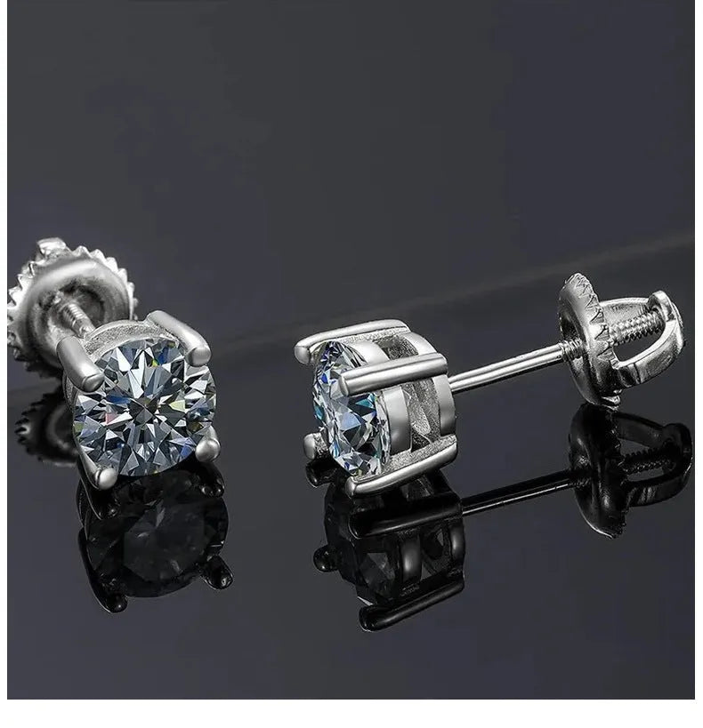 Screw back four claw moissanite stud earrings with geometric 7mm stone in sterling silver setting
