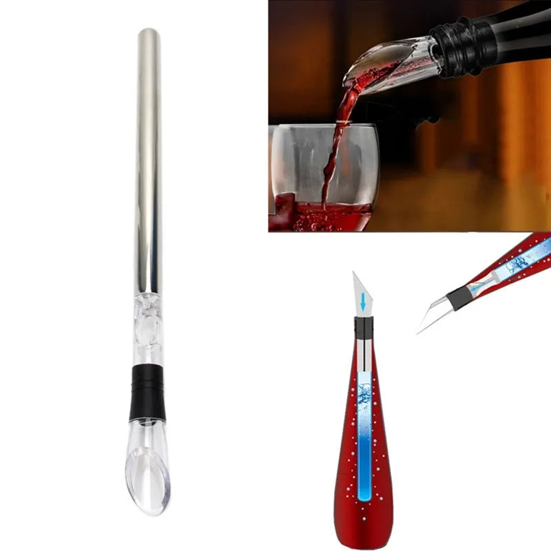 Stainless steel wine cooling rod with aerator and drip-free pourer, 32cm length, black finish