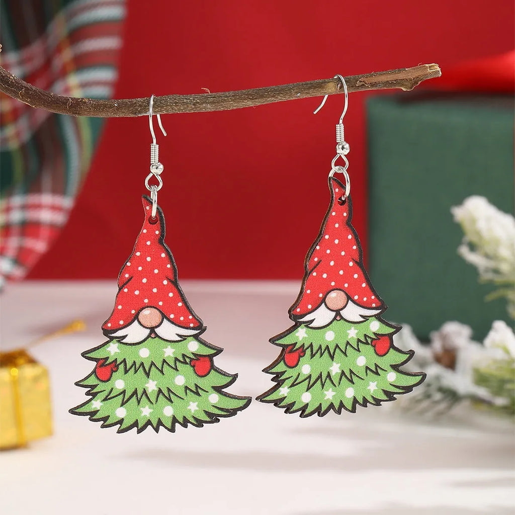 Women's wooden Christmas earrings with geometric shapes and Santa Claus elements in Christmas tree design