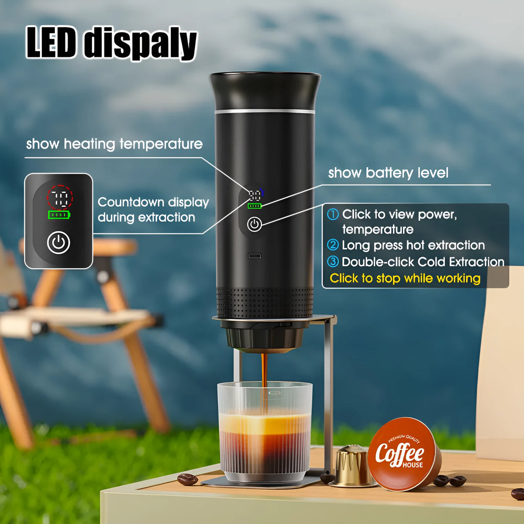 Portable electric capsule coffee machine with LCD display, black plastic body, 80ml water tank, for outdoor travel