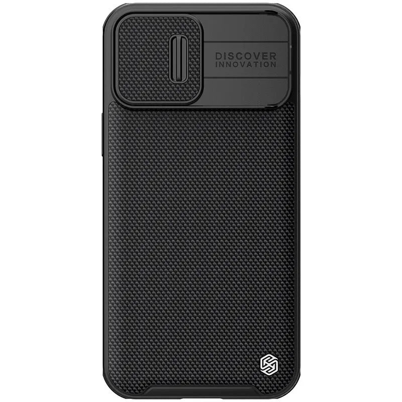 Black textured PC TPU sliding phone case for iPhone 13 Pro Max, 13 Pro, and 13 – back cover view