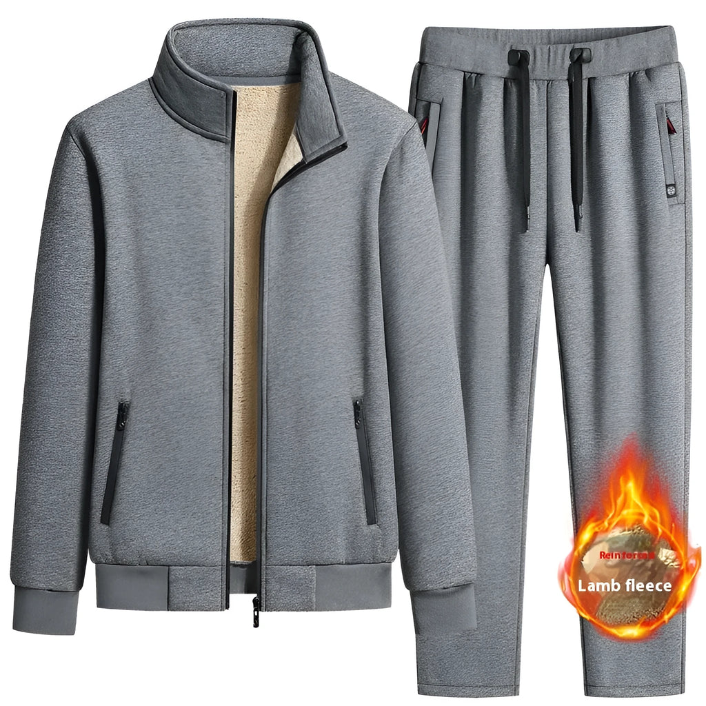 Men's cotton winter fleece set with long-sleeve coat and trousers, plus size, black drawstring style