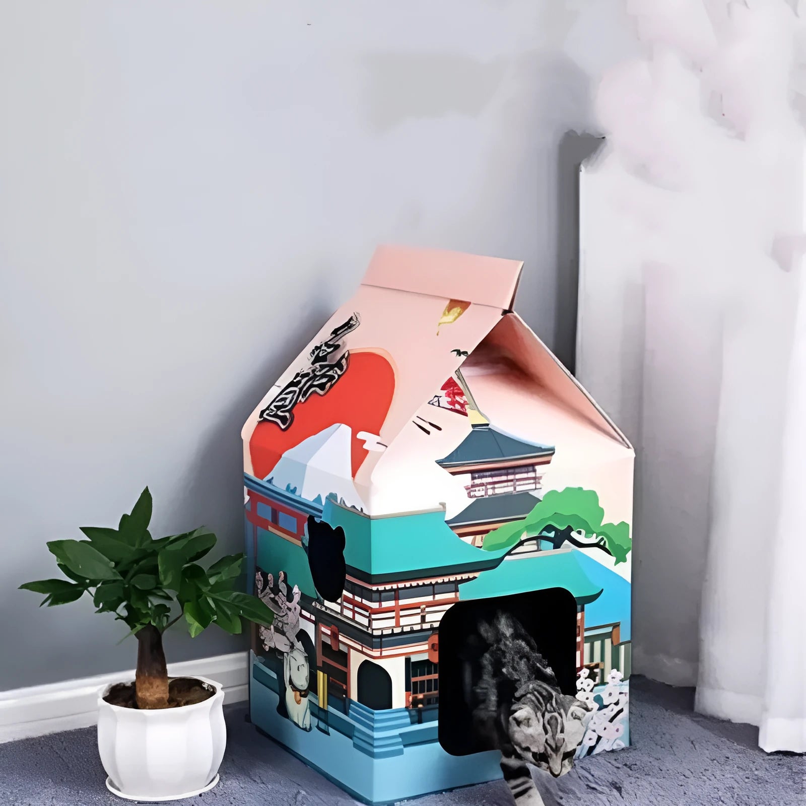 Foldable corrugated paper cat scratching board with Nagoya design that converts to cat nest