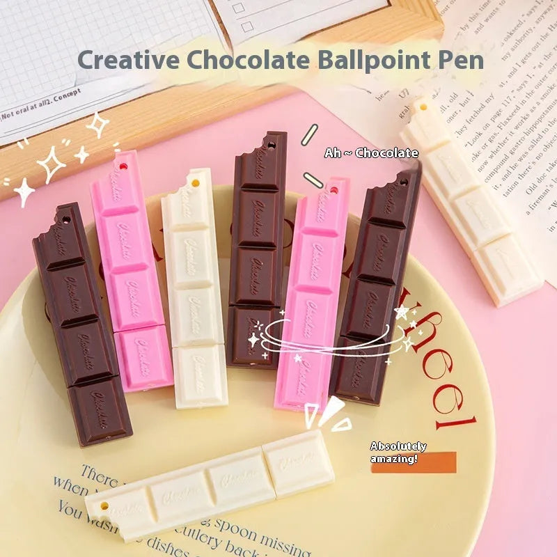 Cartoon chocolate bar ballpoint pen in pink, beige, or brown with 0.5mm bullet tip.