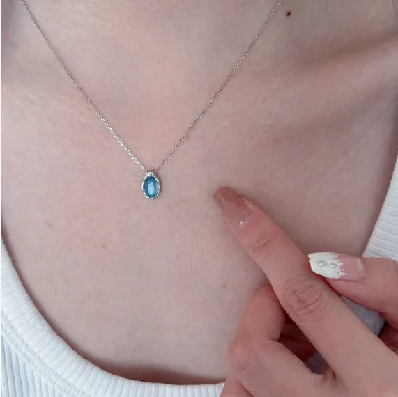 Navy blue geometric water drop necklace on adjustable 41-50cm copper chain