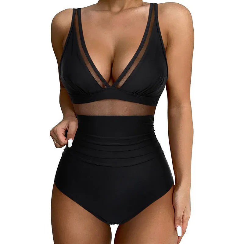 Black halter neck one-piece swimsuit for women on a mannequin, showing sleeveless design and briefs style.