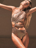 Gold backless one-piece swimsuit for women with spandex fabric