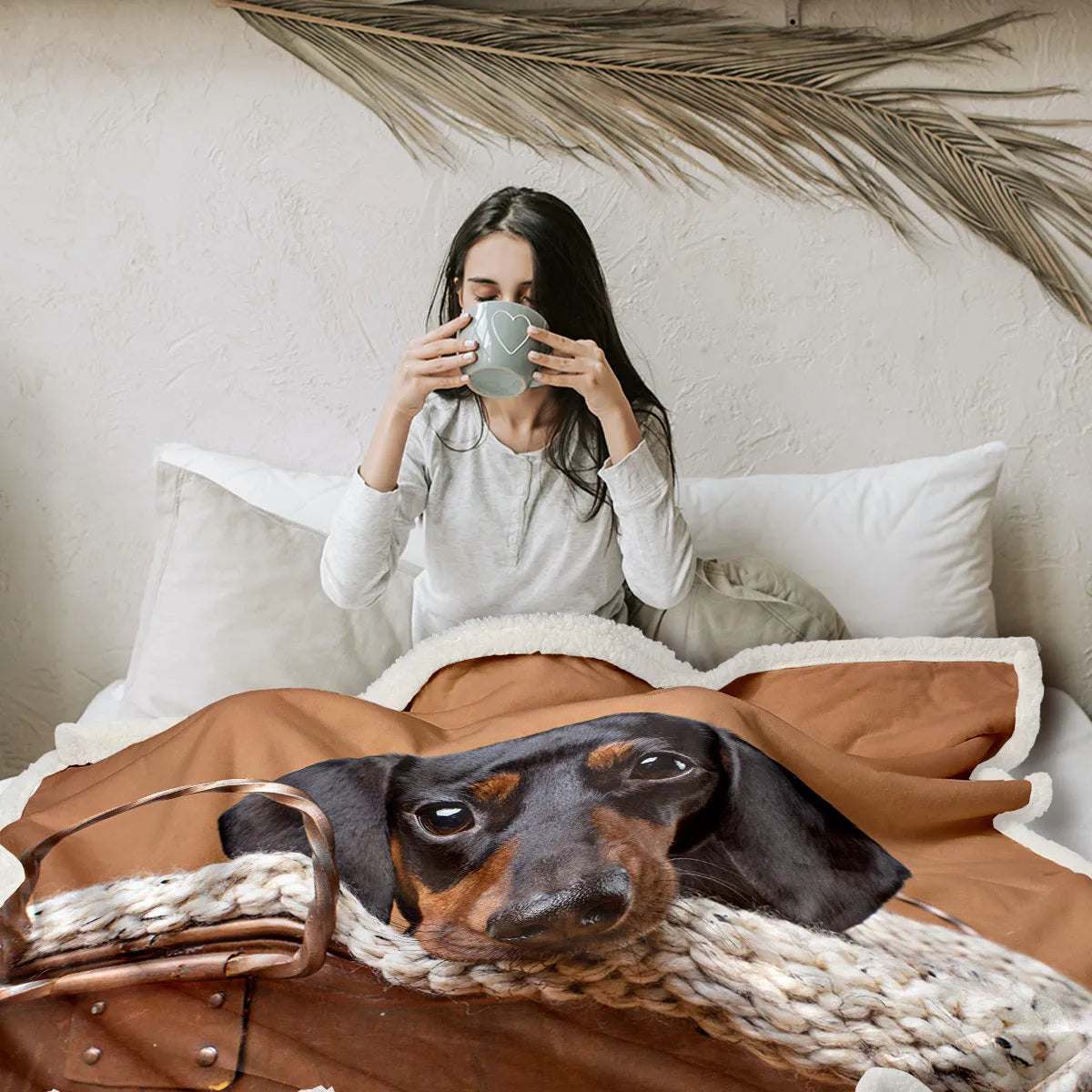 Brown sausage dog themed lamb wool blanket folded on a sofa, 130x150cm size