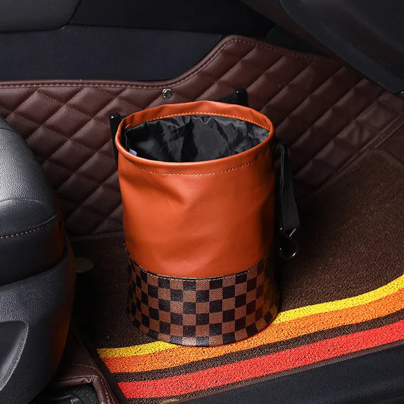 Retractable leather interior car trash can shown in colour from product pictures