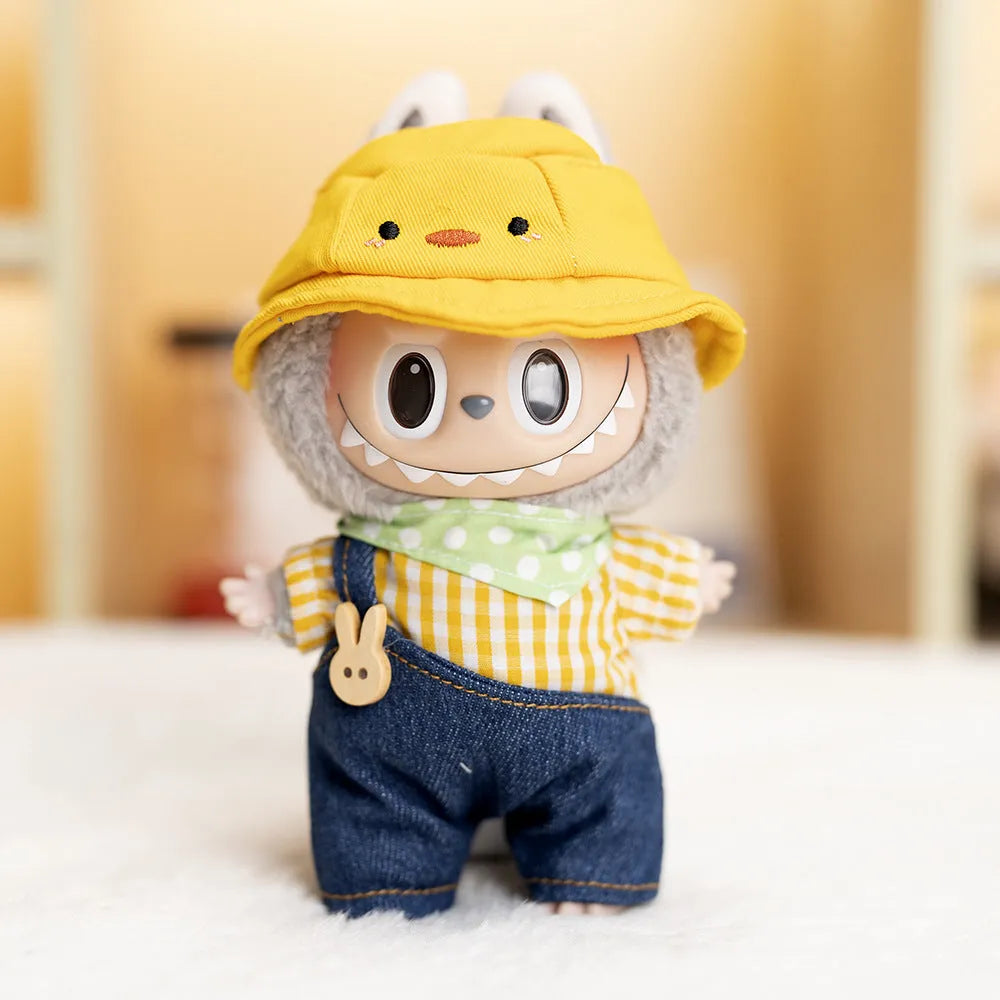 Small yellow duck plush doll wearing a hat, scarf, shirt, and suspender overalls, 17cm outfit set
