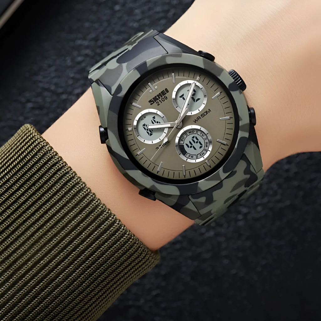 Unisex digital sports watch with camouflage pattern, resin mirror, and TPU strap showing 50m waterproof rating