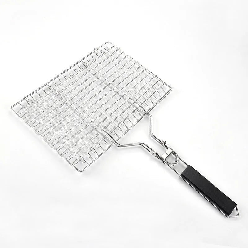 Square stainless steel barbecue mesh basket in a folded position next to a cleaning brush.