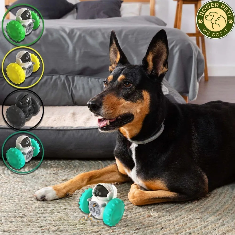 Self-balancing dog treat dispenser toy with robot design in multiple colours for small pets