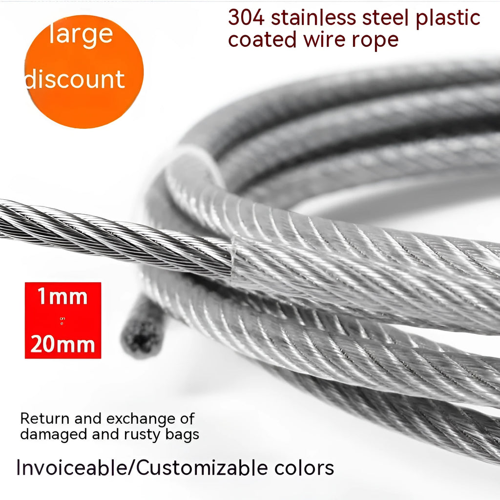 Coil of 304 stainless steel multi-strand security cable on a white background