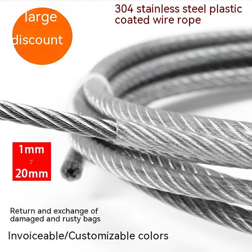 Coil of 304 stainless steel multi-strand security cable on a white background