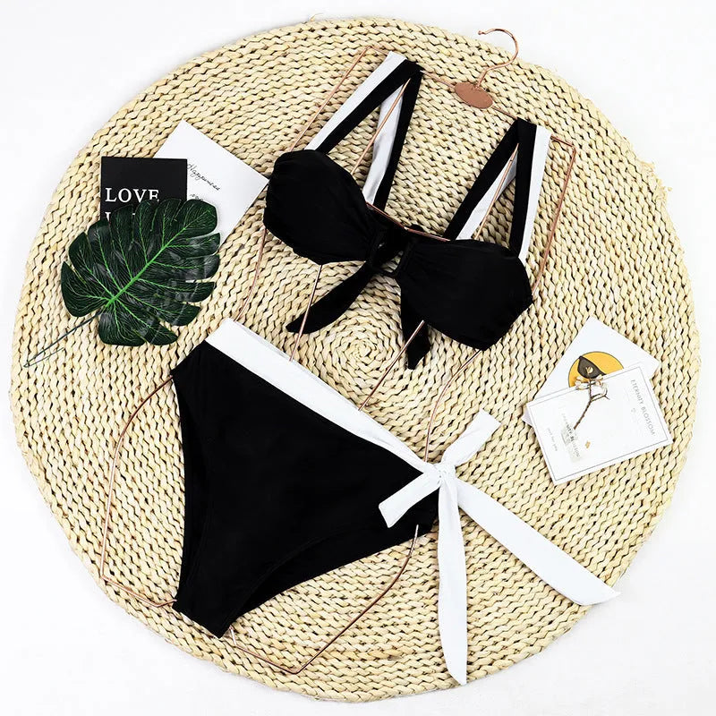 High waist black bikini set with stitching detail from front view