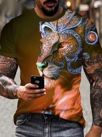 Men's black t-shirt with fierce 3D lion printing graphic design on front