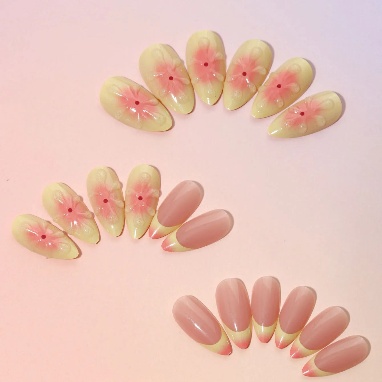 False nails with 3D cartoon flower pattern and detachable plastic armour pieces