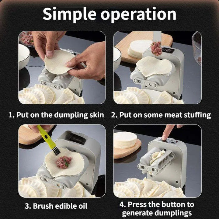 White automatic electric dumpling maker machine on a kitchen counter with USB cable and accessories