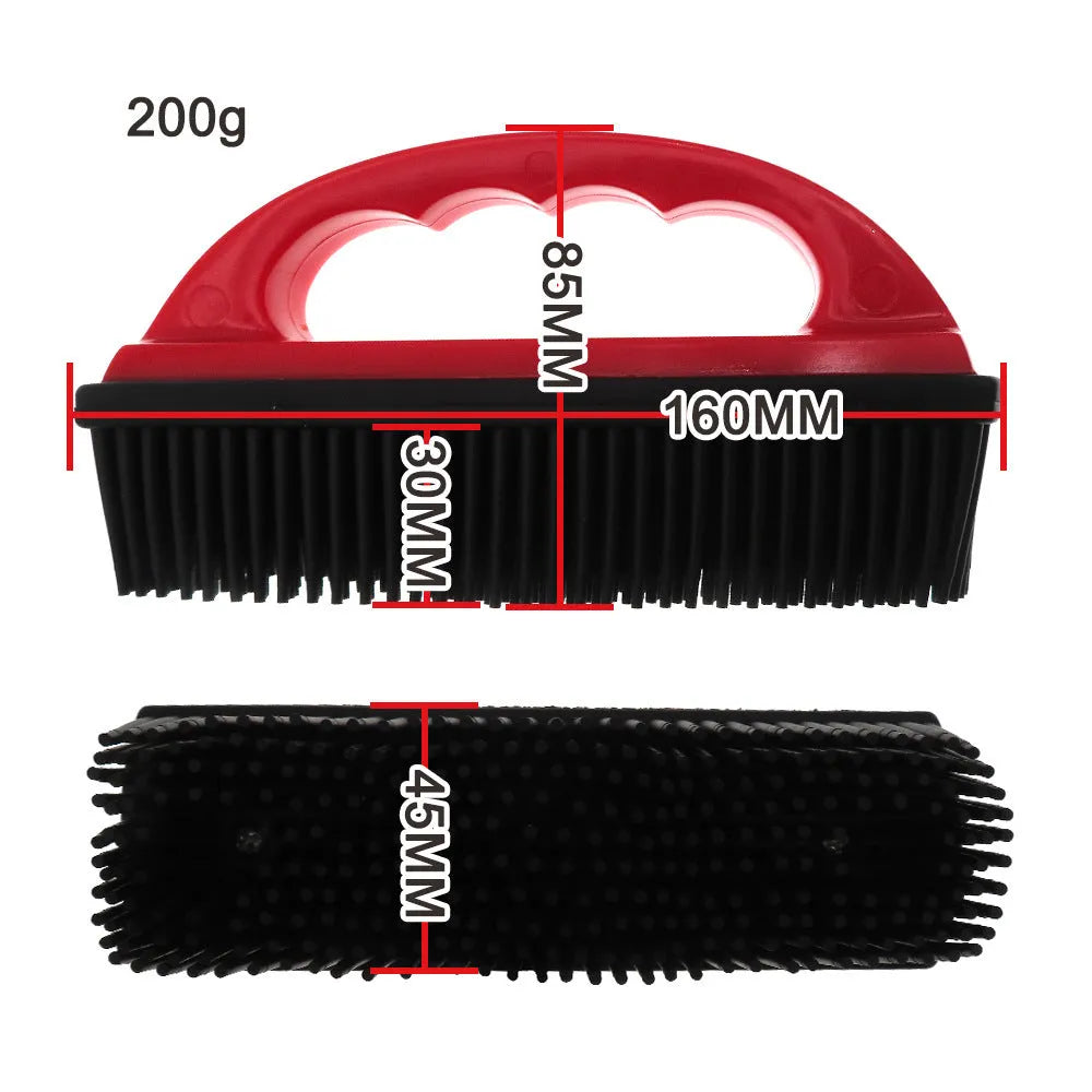Red pet hair removal brush with curved rubber bristles measuring 160mm by 85mm
