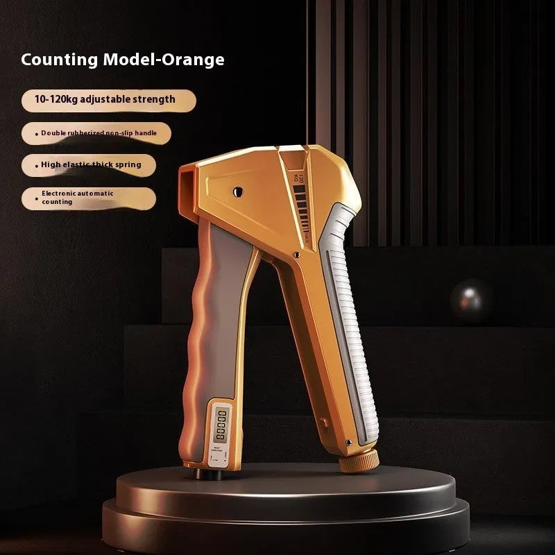 Adjustable hand grip strengthener with mechanical counter shown in orange, set to a mid-level resistance.