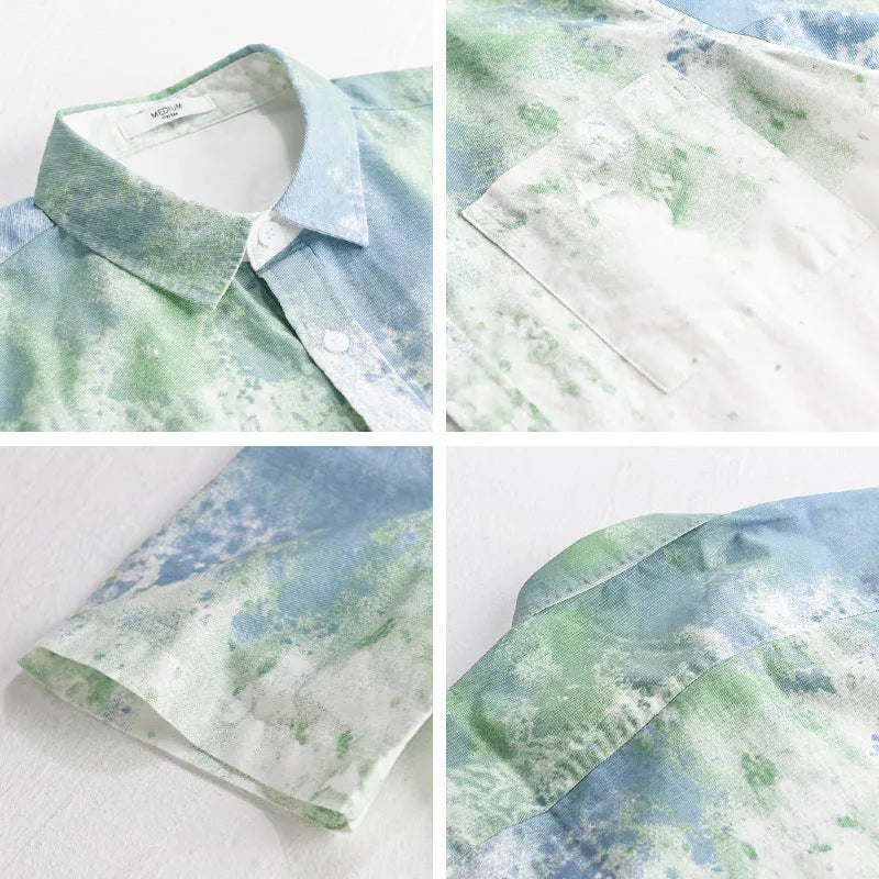 Menswear pure cotton hanging dyed short-sleeved shirt in green, loose cardigan-style fit, front view