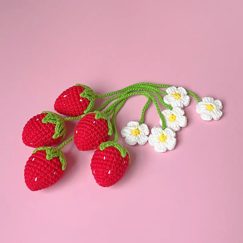 Wool crochet strawberry pendant necklace with woven design on 35cm cord