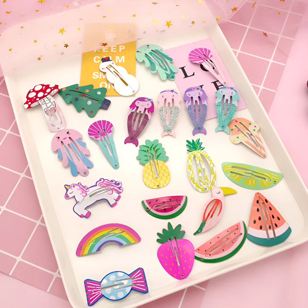 A children's metal hair barrette with colourful baked varnish print featuring a watermelon design