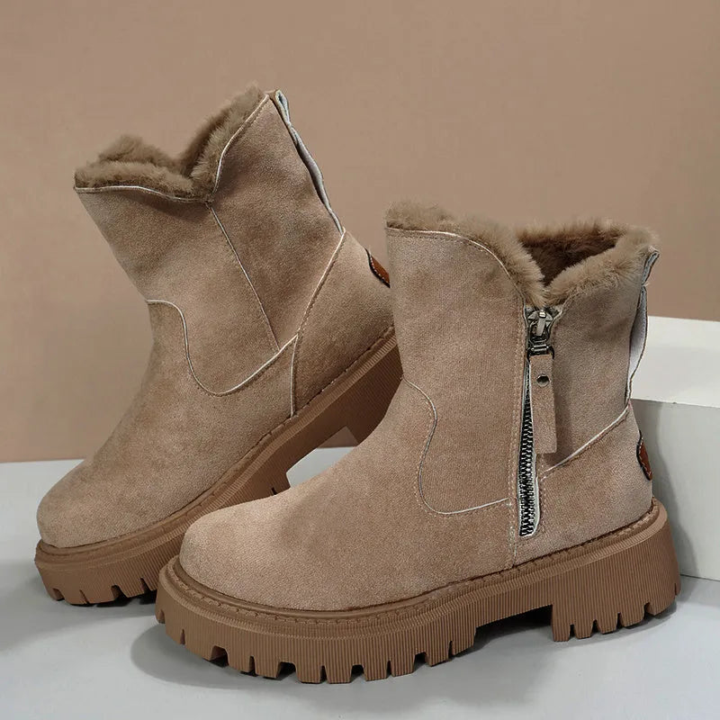Women's black high-top snow boots with faux suede upper, side zipper, and thick plush lining.