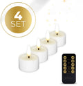 Four white S4 LED flameless tealight candles showing realistic shape and size.