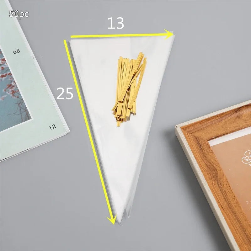 OPP triangle plastic packaging bag with integrated wire tie closure in clear material