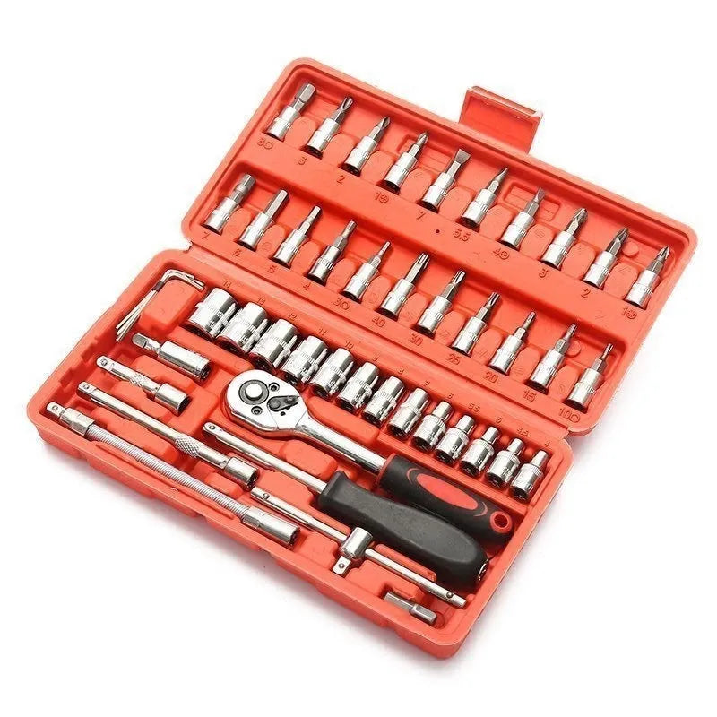 53-piece red and black socket wrench tool set in storage box for home maintenance