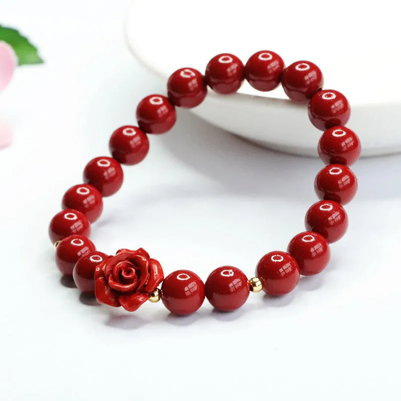 Natural cinnabar bracelet with 8mm rose-shaped beads in purple gold sandstone finish