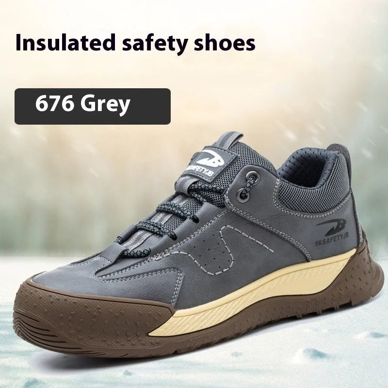 Flyknit work safety shoes in black leather with a rubber sole, shown in a UK size 42.