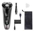 Men's electric shaver kit with three floating heads, pop-up trimmer, USB cable, and cleaning brush on a grey background.