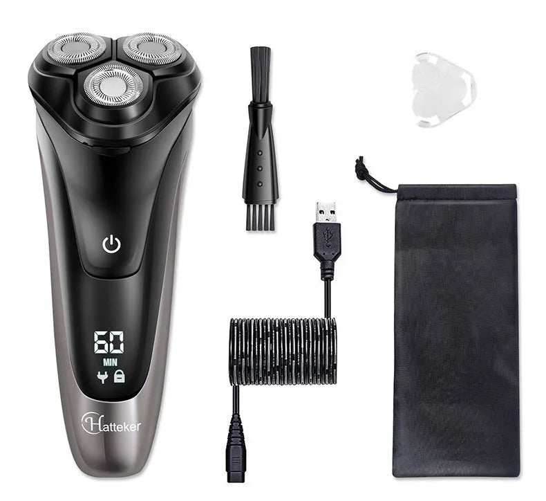 Men's electric shaver kit with three floating heads, pop-up trimmer, USB cable, and cleaning brush on a grey background.