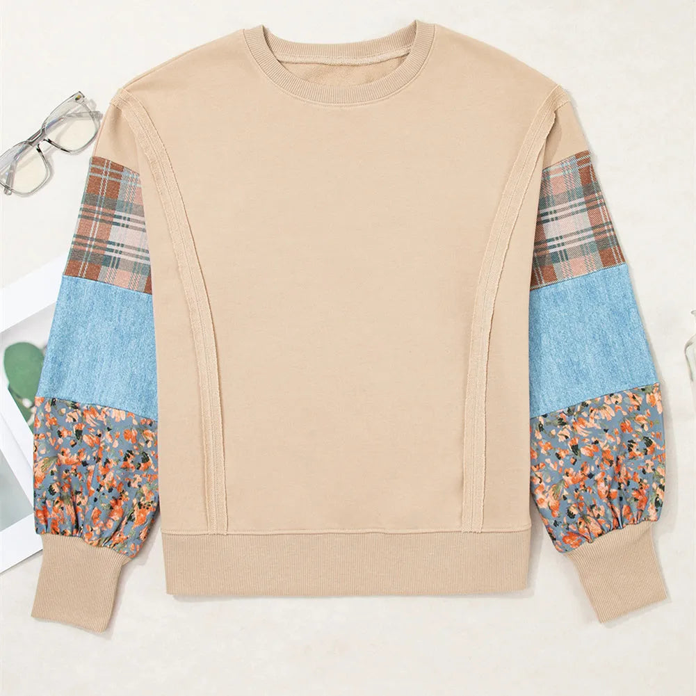 Women's loose-fit plaid stitching long-sleeved polyester top in apricot colour