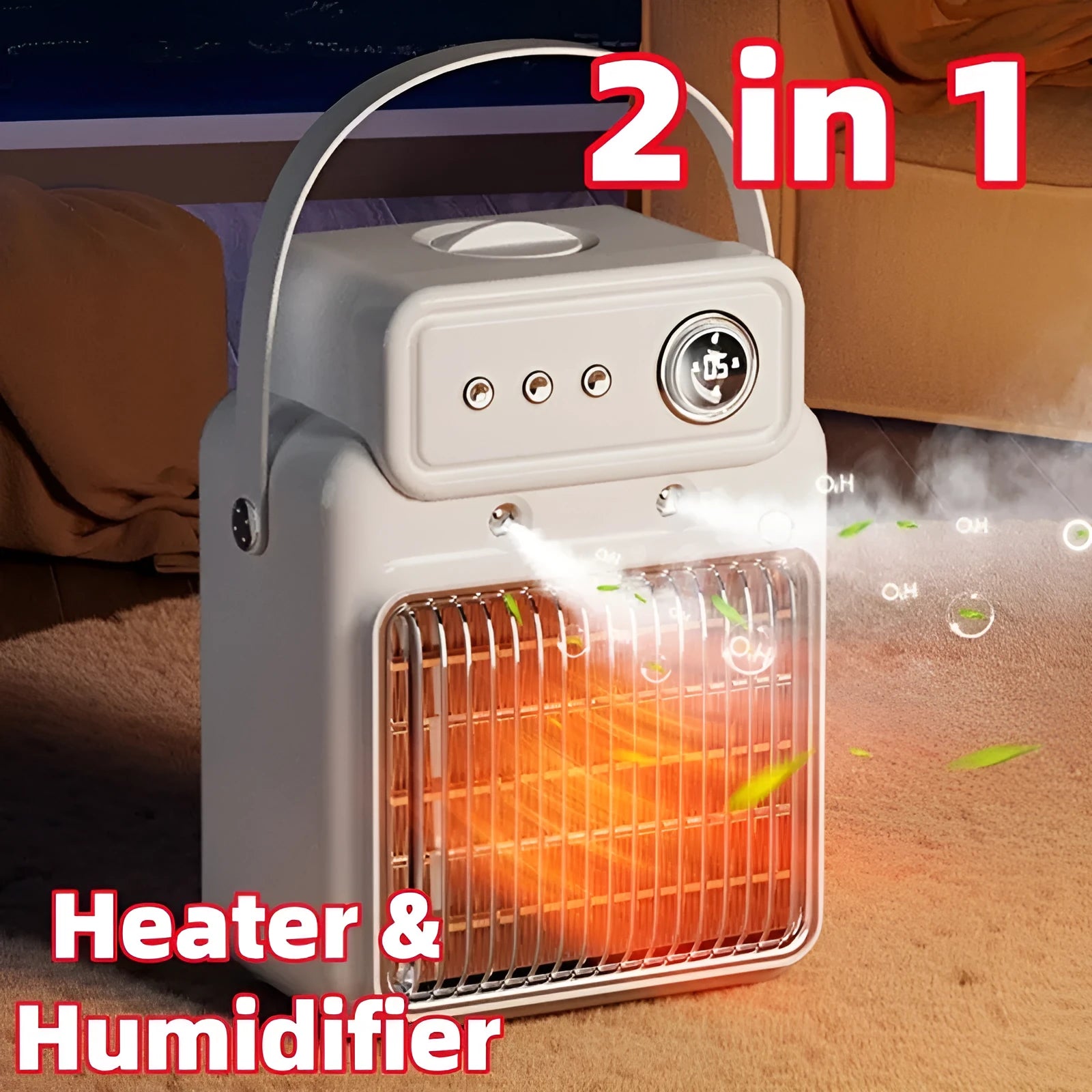 White 1200W 2 in 1 humidifying PTC room heater with spray mist, 19cm x 25cm, for office or bedroom use