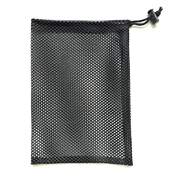 Black drawstring mesh storage bag for children's water balloons and outdoor toys.
